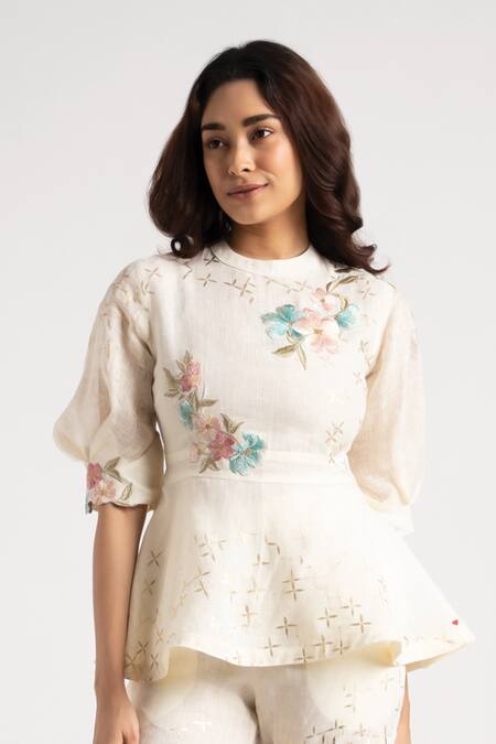 Kaveri Off White 100% Linen Embroidery Floral High Corsage Top With Shorts Online at Aza Fashions Kaveri_Off White 100% Linen Embroidery Floral High Corsage Top With Shorts _Online_at_Aza_Fashions