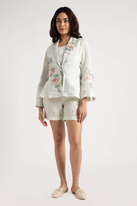 KAVERI Beige 100% Linen Embroidery Floral Shawl Corsage Jacket Shorts Set  