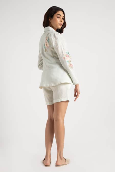 Shop Kaveri Beige 100% Linen Embroidery Floral Shawl Corsage Jacket Shorts Set at Aza Fashions Shop_Kaveri_Beige 100% Linen Embroidery Floral Shawl Corsage Jacket Shorts Set _at_Aza_Fashions
