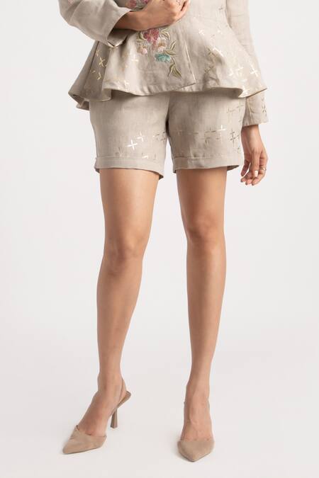 Buy Kaveri Grey 100% Linen Embroidery Floral Shawl Corsage Jacket Shorts Set Online at Aza Fashions Buy_Kaveri_Grey 100% Linen Embroidery Floral Shawl Corsage Jacket Shorts Set _Online_at_Aza_Fashions