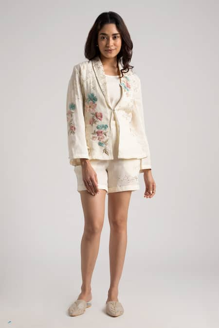 KAVERI Flower Corsage Embroidered Jacket Shorts Set 