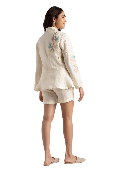 Kaveri Off White 100% Linen Embroidery Flower Corsage Jacket Shorts Set Online at Aza Fashions Kaveri_Off White 100% Linen Embroidery Flower Corsage Jacket Shorts Set _Online_at_Aza_Fashions