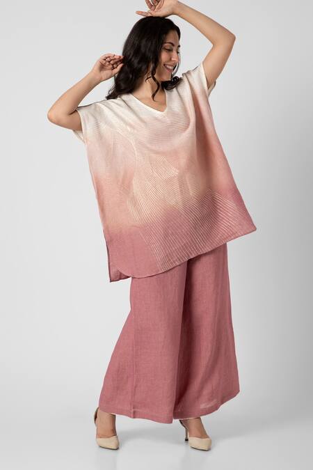 Kaveri_Pink 100% Linen Print Foil V Neck Echo Wave Top With Flared Pant _Online_at_Aza_Fashions