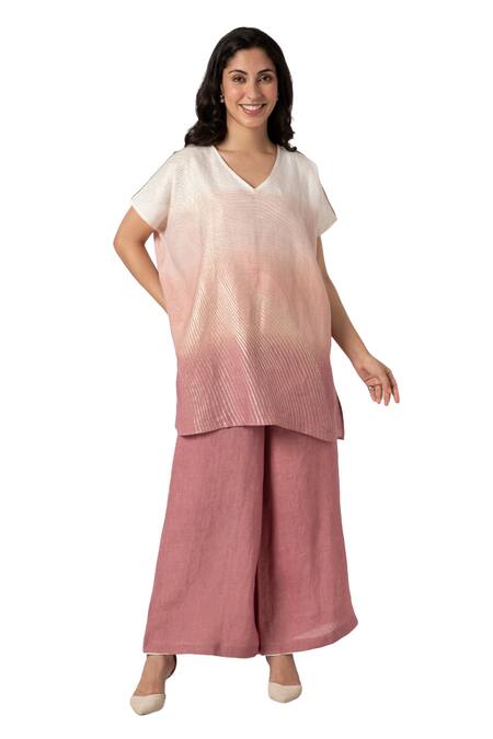 Buy_Kaveri_Pink 100% Linen Print Foil V Neck Echo Wave Top With Flared Pant _Online_at_Aza_Fashions