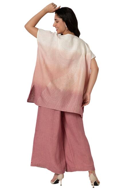 Shop_Kaveri_Pink 100% Linen Print Foil V Neck Echo Wave Top With Flared Pant _Online_at_Aza_Fashions