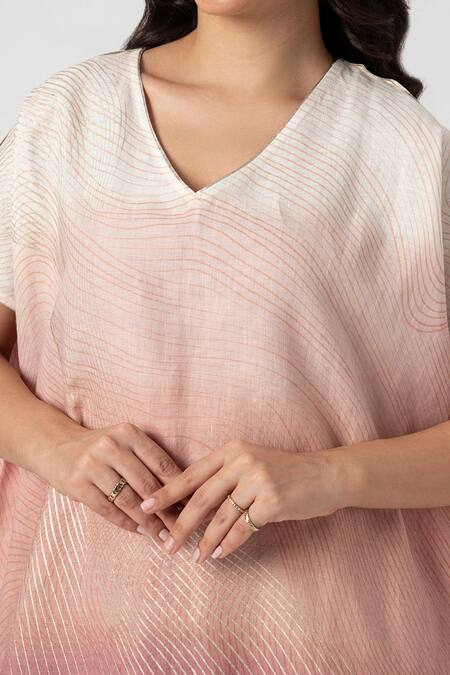 Kaveri_Pink 100% Linen Print Foil V Neck Echo Wave Top With Flared Pant _at_Aza_Fashions