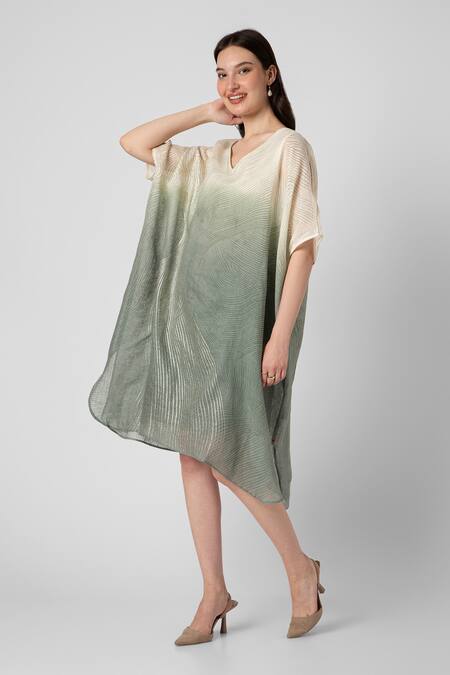Buy_Kaveri_Blue Linen Foil Printing V-neck Echo Swerve Square Dress With Inner_Online_at_Aza_Fashions