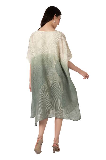 Shop_Kaveri_Blue Linen Foil Printing V-neck Echo Swerve Square Dress With Inner_Online_at_Aza_Fashions