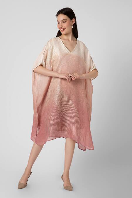 Kaveri_Pink Linen Foil Printing V-neck Echo Zebra Square Dress With Inner_Online_at_Aza_Fashions