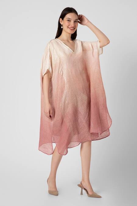 Buy_Kaveri_Pink Linen Foil Printing V-neck Echo Zebra Square Dress With Inner_Online_at_Aza_Fashions