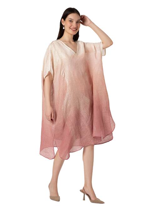Shop_Kaveri_Pink Linen Foil Printing V-neck Echo Zebra Square Dress With Inner_Online_at_Aza_Fashions