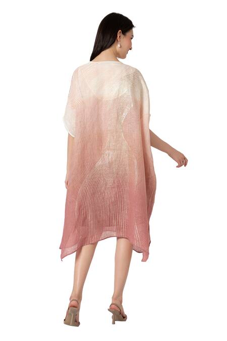 Kaveri_Pink Linen Foil Printing V-neck Echo Zebra Square Dress With Inner_at_Aza_Fashions