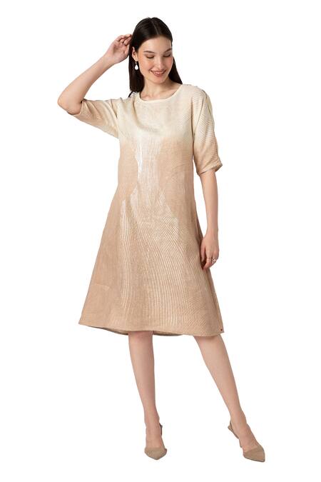 Kaveri_White Linen Foil Printing Round Neck Echo Jane Midi Dress_Online_at_Aza_Fashions
