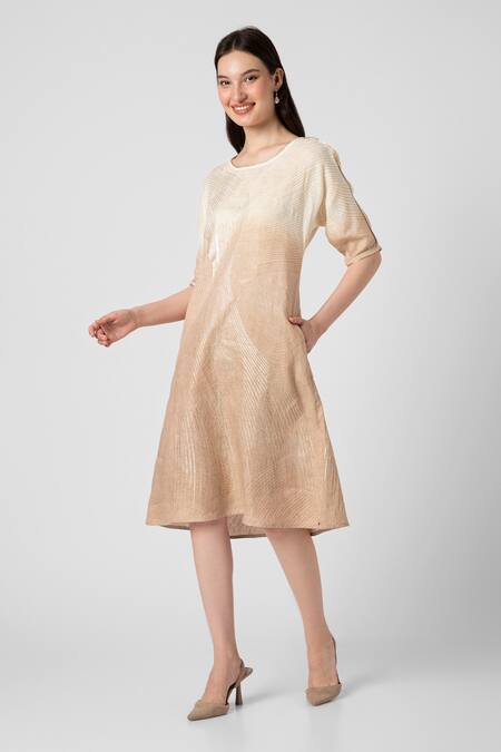 Buy_Kaveri_White Linen Foil Printing Round Neck Echo Jane Midi Dress_Online_at_Aza_Fashions