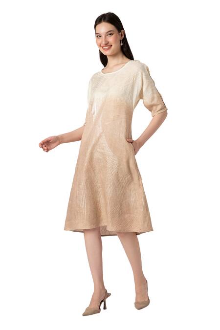 Shop_Kaveri_White Linen Foil Printing Round Neck Echo Jane Midi Dress_Online_at_Aza_Fashions