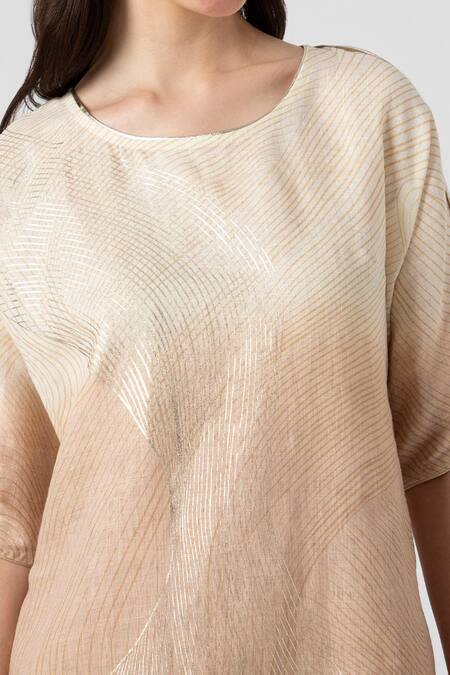 Kaveri_White Linen Foil Printing Round Neck Echo Jane Midi Dress_at_Aza_Fashions