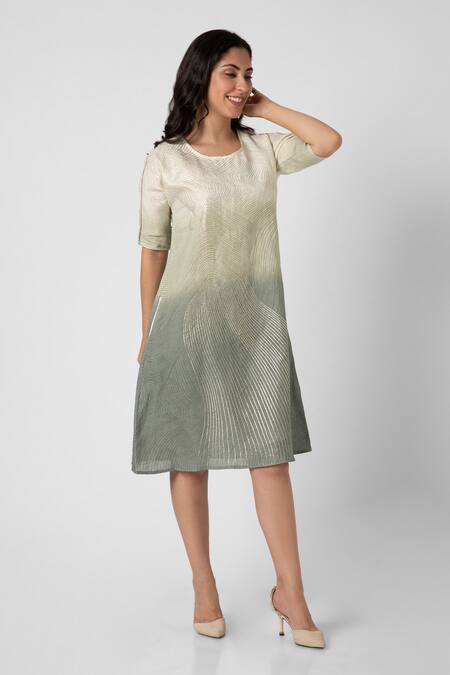 Kaveri_Blue Linen Foil Printing Round Neck Echo Jane Ombre Midi Dress_Online_at_Aza_Fashions