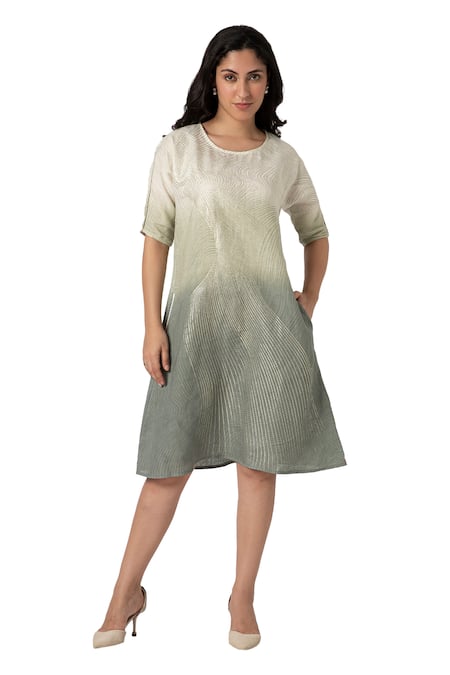 Buy_Kaveri_Blue Linen Foil Printing Round Neck Echo Jane Ombre Midi Dress_Online_at_Aza_Fashions