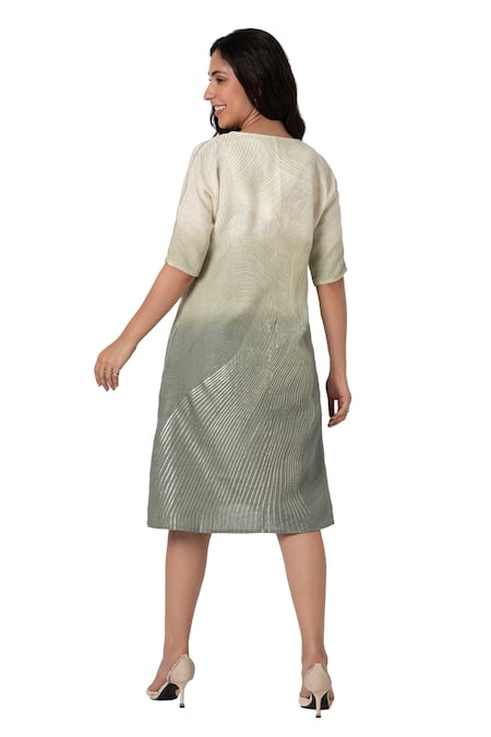 Shop_Kaveri_Blue Linen Foil Printing Round Neck Echo Jane Ombre Midi Dress_Online_at_Aza_Fashions