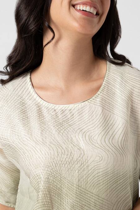 Buy_Kaveri_Blue Linen Foil Printing Round Neck Echo Jane Ombre Midi Dress