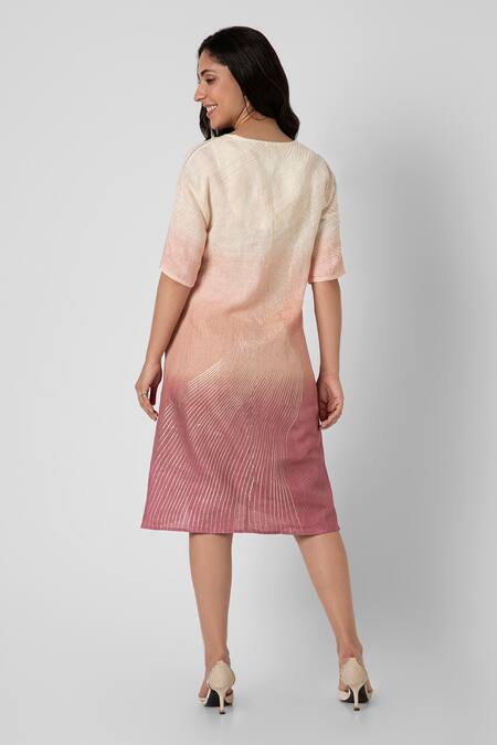Shop_Kaveri_Pink Linen Foil Printing Round Neck Echo Zebra Jane Ombre Midi Dress_at_Aza_Fashions