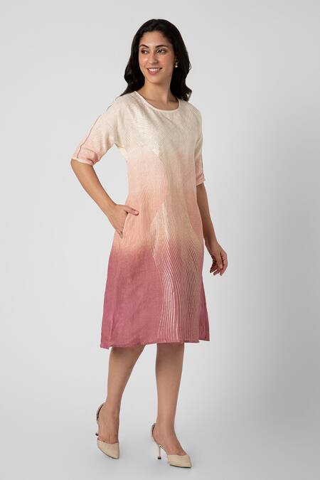 Kaveri_Pink Linen Foil Printing Round Neck Echo Zebra Jane Ombre Midi Dress_Online_at_Aza_Fashions