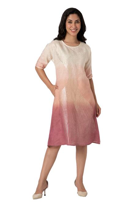 Buy_Kaveri_Pink Linen Foil Printing Round Neck Echo Zebra Jane Ombre Midi Dress_Online_at_Aza_Fashions