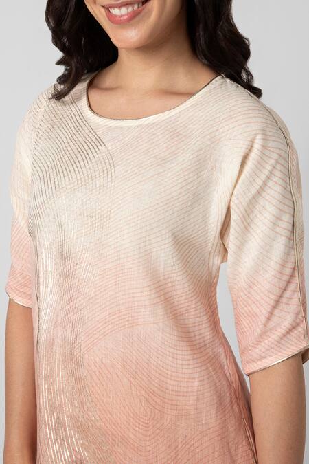 Kaveri_Pink Linen Foil Printing Round Neck Echo Zebra Jane Ombre Midi Dress_at_Aza_Fashions