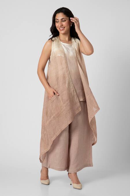 Kaveri_White Linen Foil Printing Open Neck Echo Zebra Ombre Jacket Flared Pant Set_Online_at_Aza_Fashions