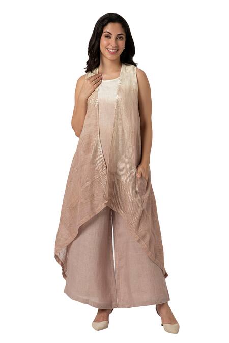 Buy_Kaveri_White Linen Foil Printing Open Neck Echo Zebra Ombre Jacket Flared Pant Set_Online_at_Aza_Fashions