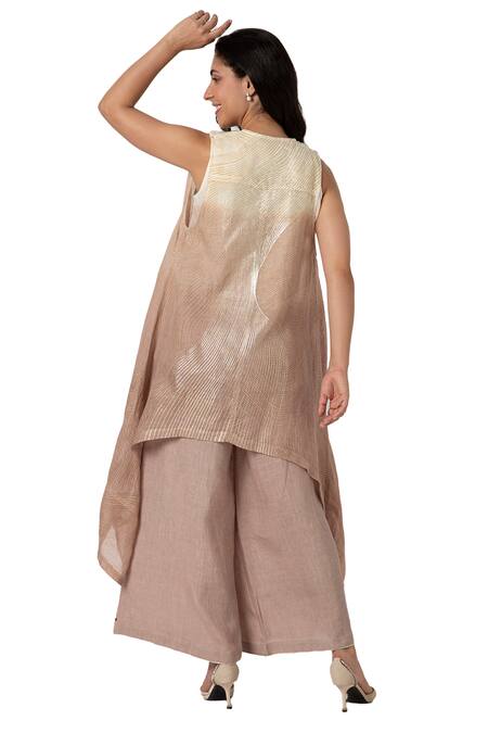 Kaveri_White Linen Foil Printing Open Neck Echo Zebra Ombre Jacket Flared Pant Set_at_Aza_Fashions