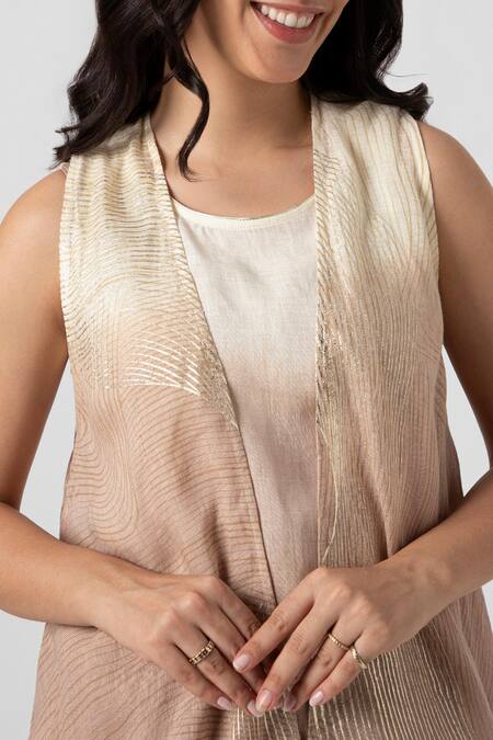 Buy_Kaveri_White Linen Foil Printing Open Neck Echo Zebra Ombre Jacket Flared Pant Set