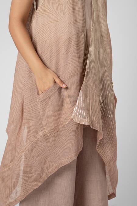 Shop_Kaveri_White Linen Foil Printing Open Neck Echo Zebra Ombre Jacket Flared Pant Set