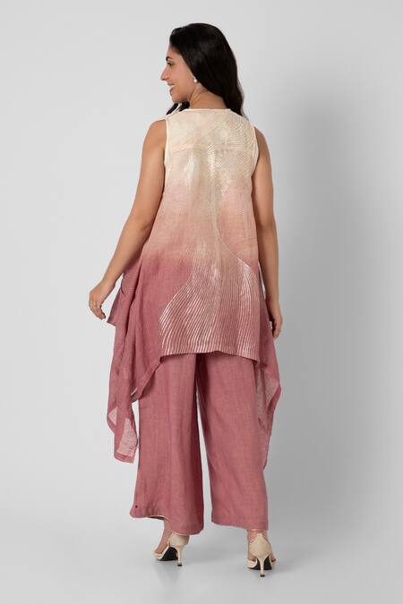 Shop Kaveri Pink Linen Foil Printing Open Neck Echo Wave Ombre Jacket Flared Pant Set at Aza Fashions Shop_Kaveri_Pink Linen Foil Printing Open Neck Echo Wave Ombre Jacket Flared Pant Set_at_Aza_Fashions