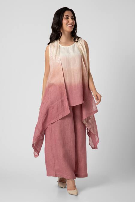 Kaveri Pink Linen Foil Printing Open Neck Echo Wave Ombre Jacket Flared Pant Set Online at Aza Fashions Kaveri_Pink Linen Foil Printing Open Neck Echo Wave Ombre Jacket Flared Pant Set_Online_at_Aza_Fashions