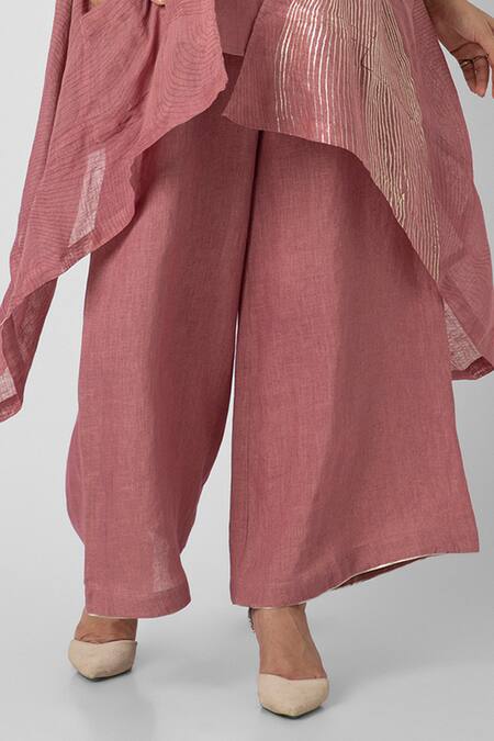 Buy Kaveri Pink Linen Foil Printing Open Neck Echo Wave Ombre Jacket Flared Pant Set Online at Aza Fashions Buy_Kaveri_Pink Linen Foil Printing Open Neck Echo Wave Ombre Jacket Flared Pant Set_Online_at_Aza_Fashions