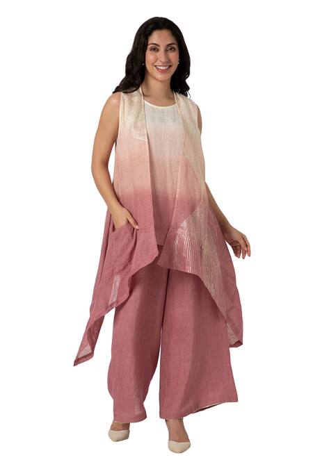 Shop Kaveri Pink Linen Foil Printing Open Neck Echo Wave Ombre Jacket Flared Pant Set Online at Aza Fashions Shop_Kaveri_Pink Linen Foil Printing Open Neck Echo Wave Ombre Jacket Flared Pant Set_Online_at_Aza_Fashions