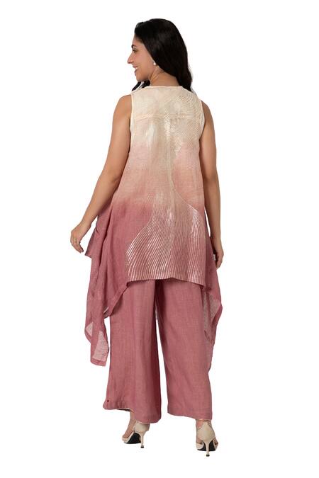 Kaveri Pink Linen Foil Printing Open Neck Echo Wave Ombre Jacket Flared Pant Set at Aza Fashions Kaveri_Pink Linen Foil Printing Open Neck Echo Wave Ombre Jacket Flared Pant Set_at_Aza_Fashions