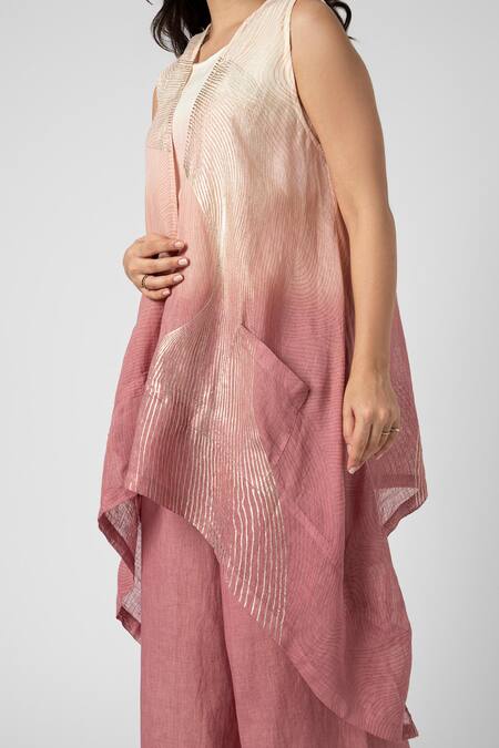 Buy Kaveri Pink Linen Foil Printing Open Neck Echo Wave Ombre Jacket Flared Pant Set Buy_Kaveri_Pink Linen Foil Printing Open Neck Echo Wave Ombre Jacket Flared Pant Set