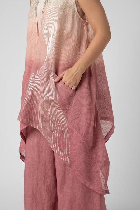 Shop Kaveri Pink Linen Foil Printing Open Neck Echo Wave Ombre Jacket Flared Pant Set Shop_Kaveri_Pink Linen Foil Printing Open Neck Echo Wave Ombre Jacket Flared Pant Set