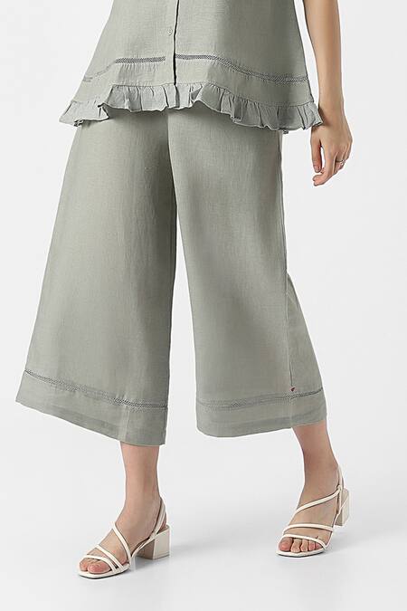 Buy Kaveri Green 100% Linen Solid Collar Neck Teepee Frilly Top With Flared Pant Online at Aza Fashions Buy_Kaveri_Green 100% Linen Solid Collar Neck Teepee Frilly Top With Flared Pant _Online_at_Aza_Fashions