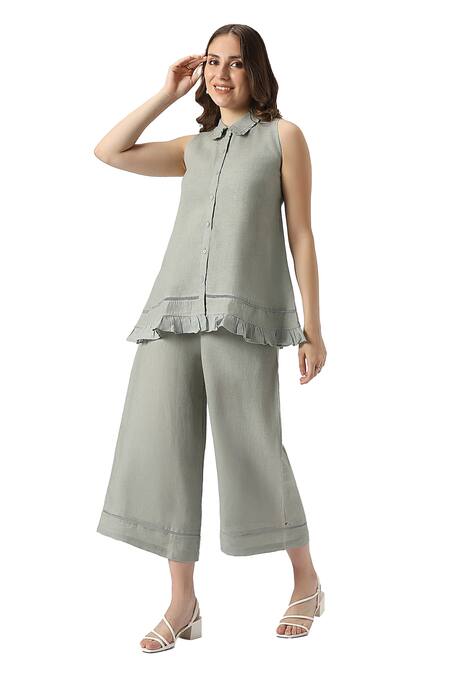 Shop Kaveri Green 100% Linen Solid Collar Neck Teepee Frilly Top With Flared Pant Online at Aza Fashions Shop_Kaveri_Green 100% Linen Solid Collar Neck Teepee Frilly Top With Flared Pant _Online_at_Aza_Fashions