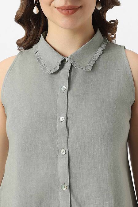 Buy Kaveri Green 100% Linen Solid Collar Neck Teepee Frilly Top With Flared Pant Buy_Kaveri_Green 100% Linen Solid Collar Neck Teepee Frilly Top With Flared Pant