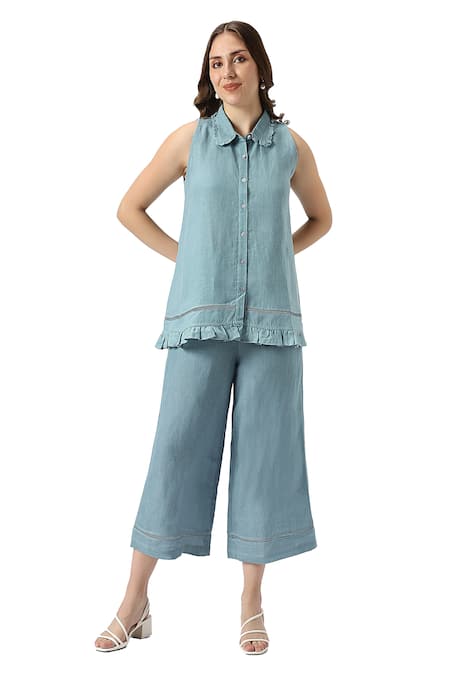 Kaveri_Blue 100% Linen Solid Collar Neck Teepee Frilly Top With Flared Pant _Online_at_Aza_Fashions