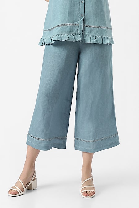 Buy_Kaveri_Blue 100% Linen Solid Collar Neck Teepee Frilly Top With Flared Pant _Online_at_Aza_Fashions