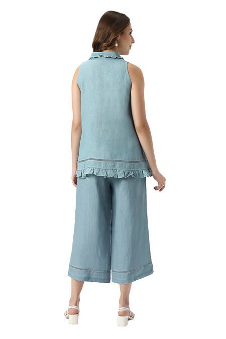 Shop_Kaveri_Blue 100% Linen Solid Collar Neck Teepee Frilly Top With Flared Pant _Online_at_Aza_Fashions