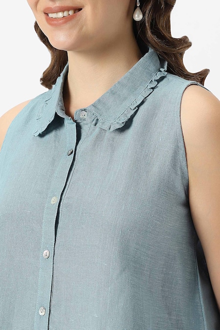 Kaveri_Blue 100% Linen Solid Collar Neck Teepee Frilly Top With Flared Pant _at_Aza_Fashions