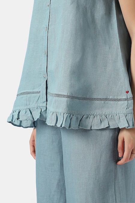 Buy_Kaveri_Blue 100% Linen Solid Collar Neck Teepee Frilly Top With Flared Pant 