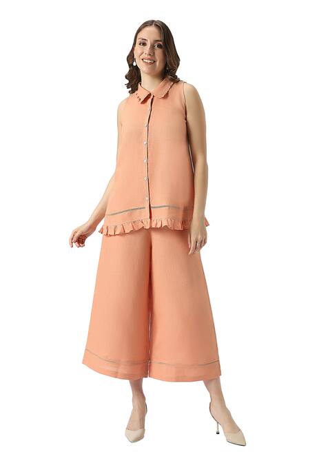 Shop_Kaveri_Orange 100% Linen Solid Collar Teepee Frilly Top With Flared Pant _Online_at_Aza_Fashions