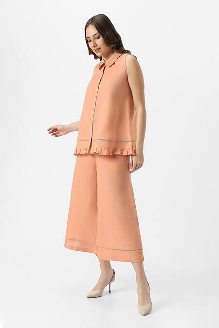 Kaveri_Orange 100% Linen Solid Collar Teepee Frilly Top With Flared Pant _at_Aza_Fashions